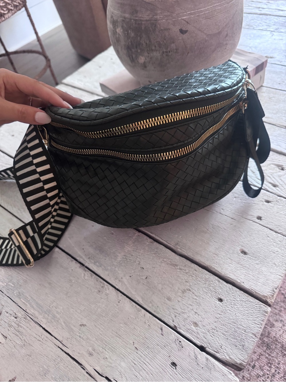 Emmafy Woven Black Leather GoFree Bum Bag with Gold Zippers